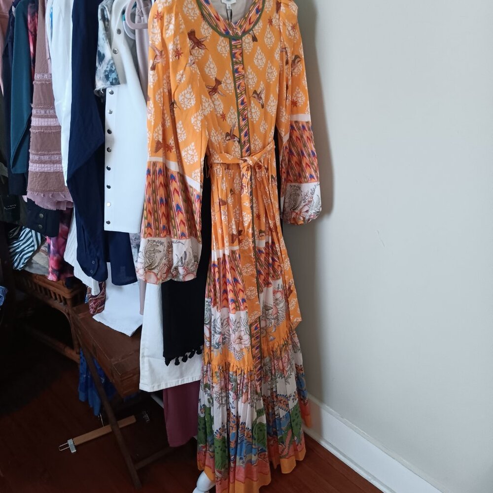 NWT Birds Flowers Alligators Cotton Maxi Sunflower Yellow Long Sleeve Dress - Picture 3 of 15